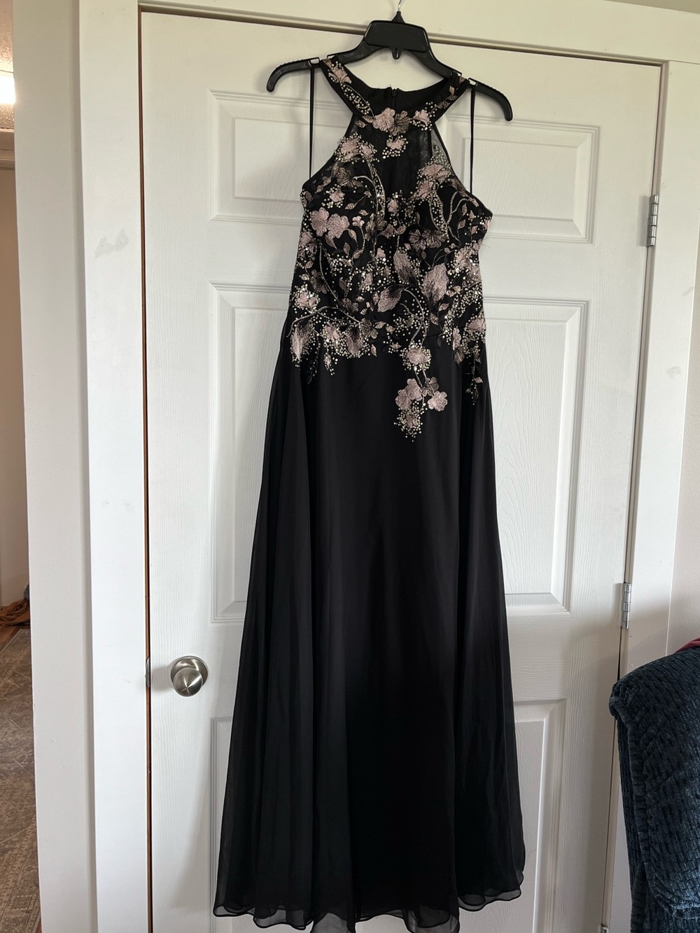Laura Black Gown with Blush Pink Floral Embroidery
